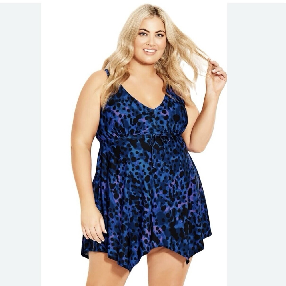 Avenue Swimsuit Womens 22 Blue Animal Print Dress Sharkbite Hem Stretch NWT